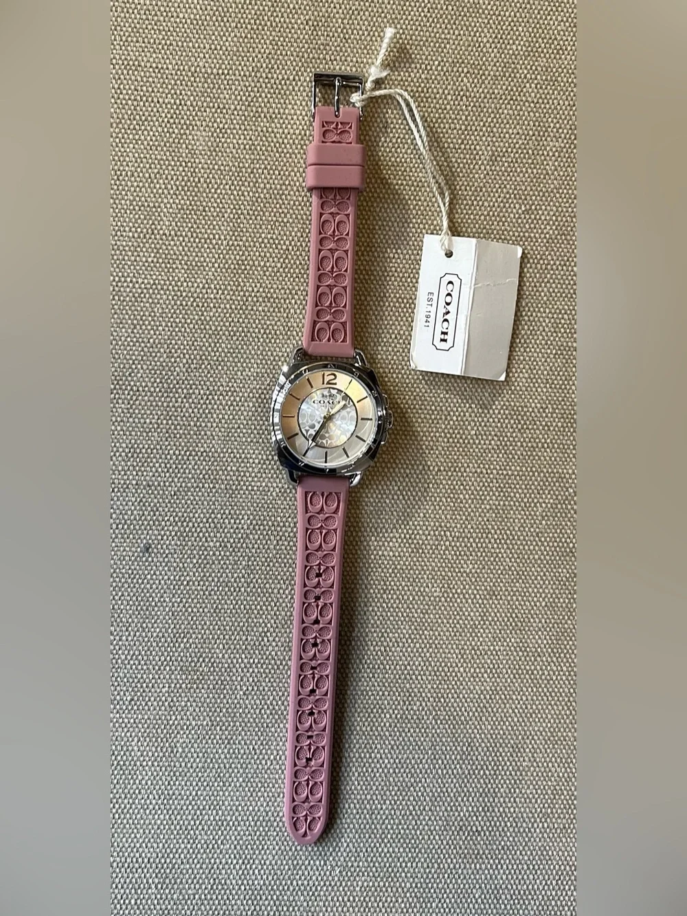 Coach Boyfriend Watch With 34mm Silver Face & Pink Silicone Band